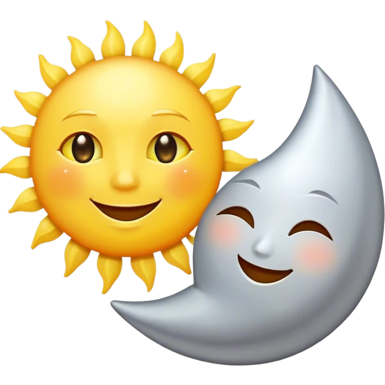 a really bright  big sun and a tinsmall moon who shines because of it. the sun is bigger and the tiny \moon bright too beside it smiling looking at each other  emoji