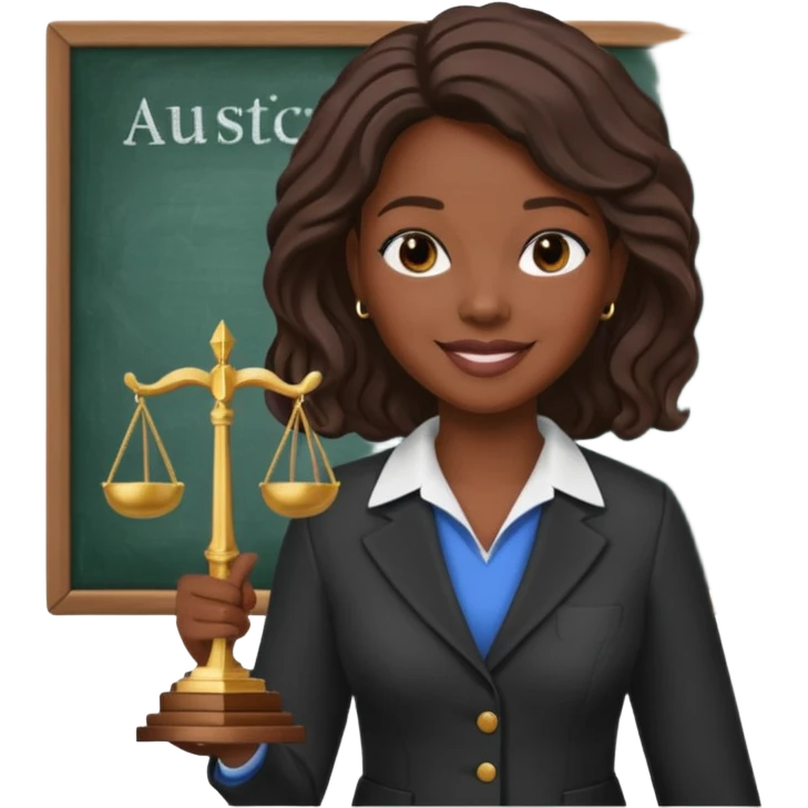 Black teacher/professor looking like the fictional character Annalise Keating from How To Get Away With Murder, holding a statue of justice and with a school black board in the background emoji