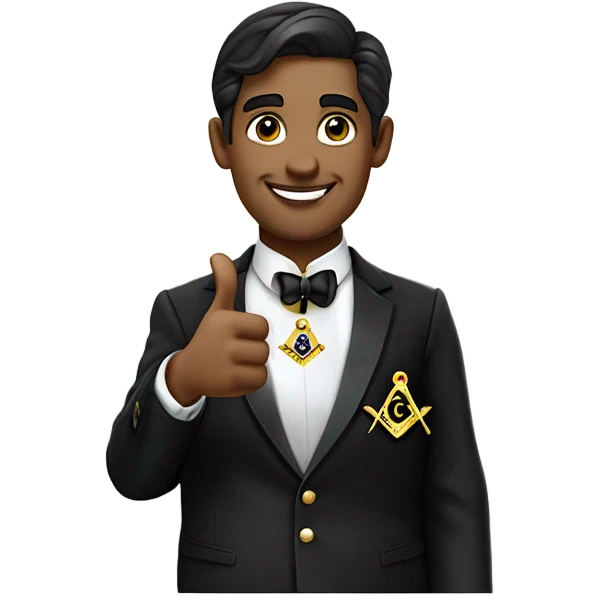 Modern English FREEMASON wearing black lounge suit jacket and Masonic Jewel and Apron. Show him giving a thumbs up emoji
