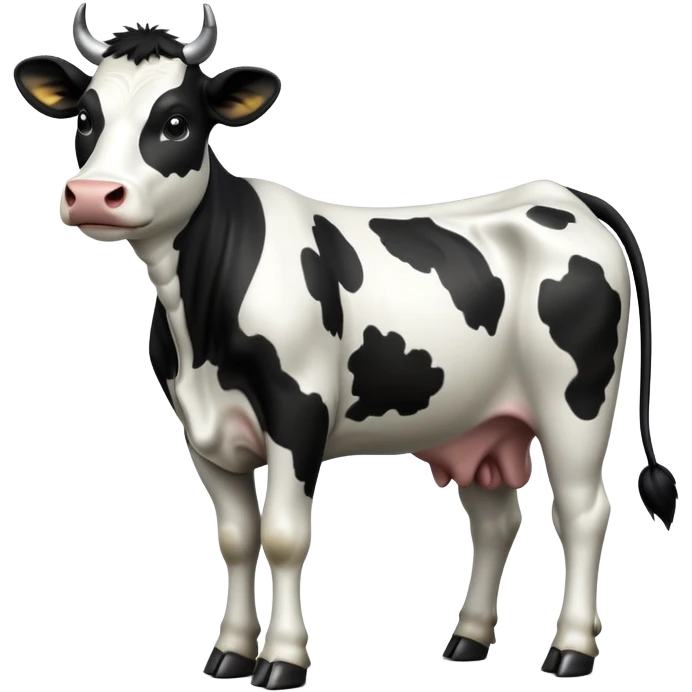cinematic-[cow]-realistic-full-body-standing-emoji,-tail-flicking-lazily,-head-tilted-dramatically,-sleek-[black and white]-fur,-simplified-yet-realistic-focused-features,-highly-detailed,-glowing-with-an-almost-sarcastic-glow emoji