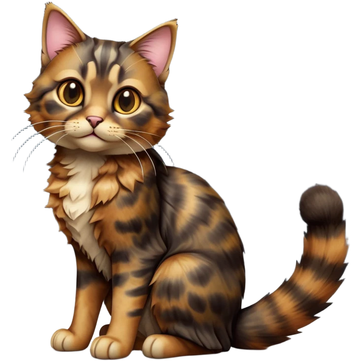 cinematic-[tortoiseshell tabby cat]-realistic-full-body-sitting-emoji,-tail-curled-playfully-around-its-paws,-head-tilted-dramatically,-scruffy-[dark tortoiseshell coloured]-fur,-simplified-yet-realistic-focused-features,-highly-detailed,-glowing-with-an-almost-sarcastic-glow emoji