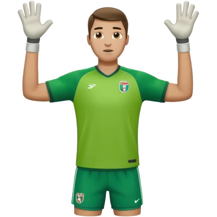 goalkeeper, standing, wearing a green shirt, shorts, socks and football boots, with arms raised emoji