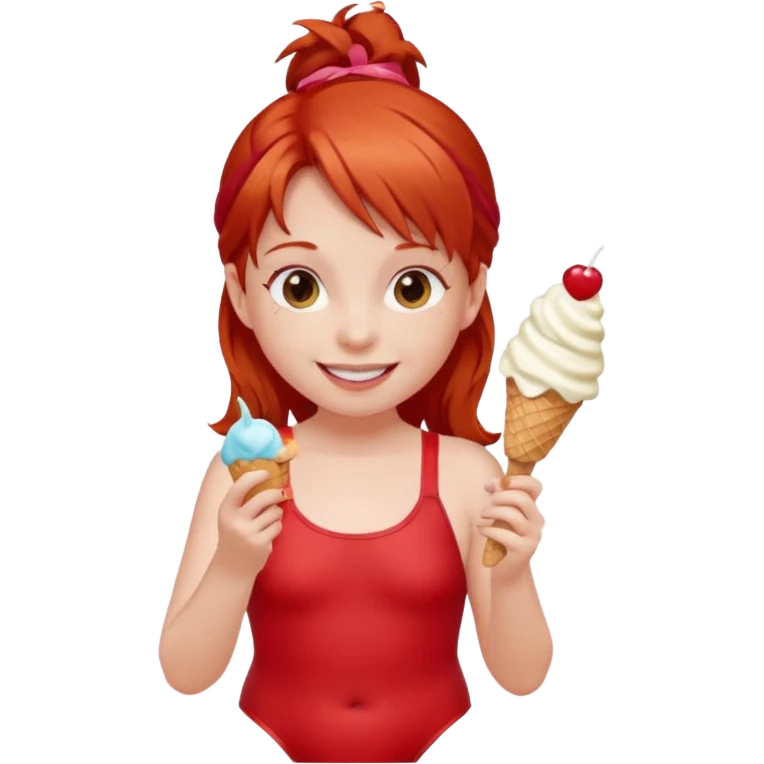 girl kid red haired swimsuit, eating ice cream, sun emoji