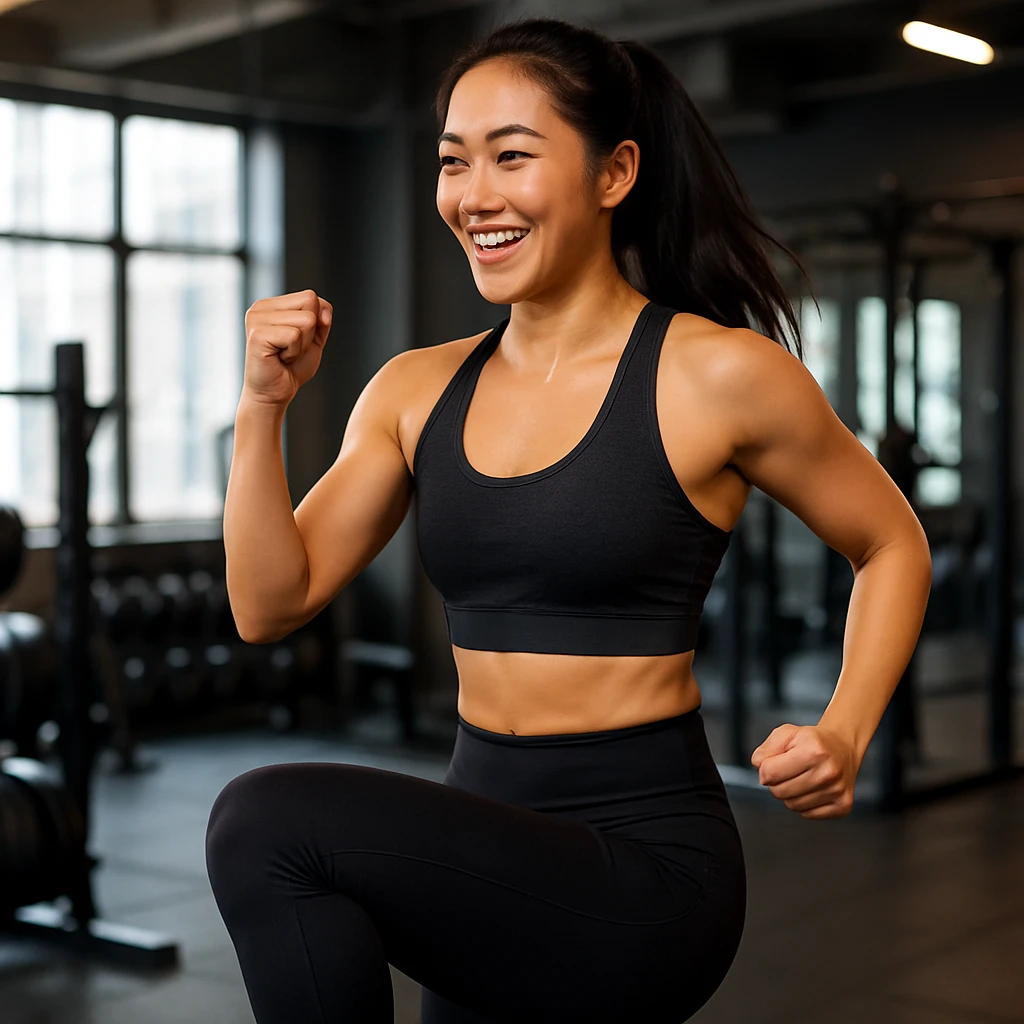 Asian woman doing a routine workout, energetic, fitness attire, gym background emoji