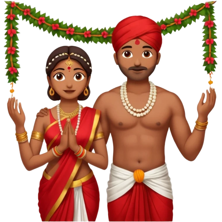 indian woman in saree and indian man in dhoti (shirtless) putting garlands on each other emoji