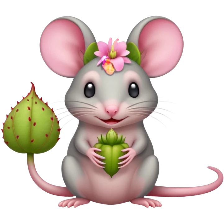 A cute grey mouse and a Venus flytap emoji
