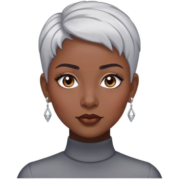 "- Nữ
- 30 tuổi
- Da đen
- Tóc ngắn, nhuộm bạc
- Đeo khuyên tai
- Slay
- mặt cằm nhọn emoji