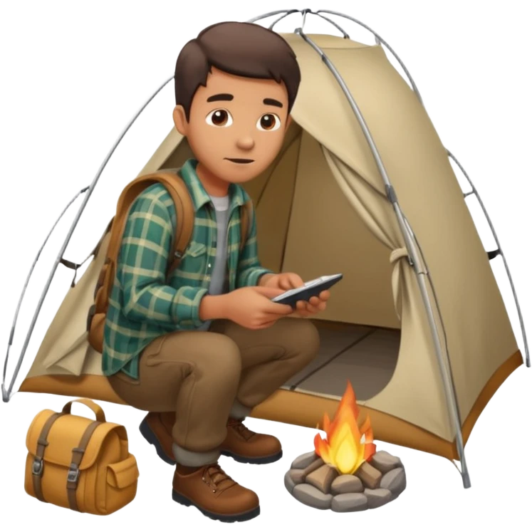 A man wearing a flannel shirt and backpack, setting up a tent with focused hands emoji
