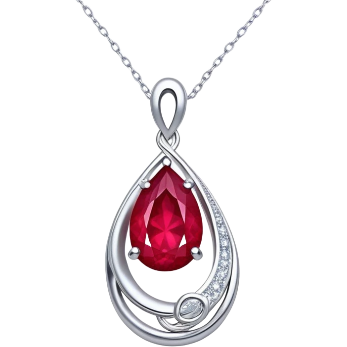 teardrop ruby pendant with delicate silver chain, slightly tilted, inside glowing cosmic embryo surrounded by asymmetrical swirling stardust and fiery trails, radiating ethereal magic emoji