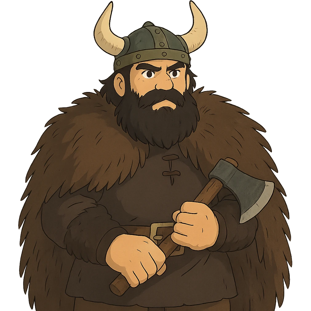 ghibli style viking with black beard and fur coat emoji