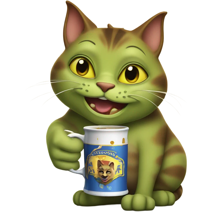 shrek-style cat drinking beer in a emoji-poop-like cup emoji
