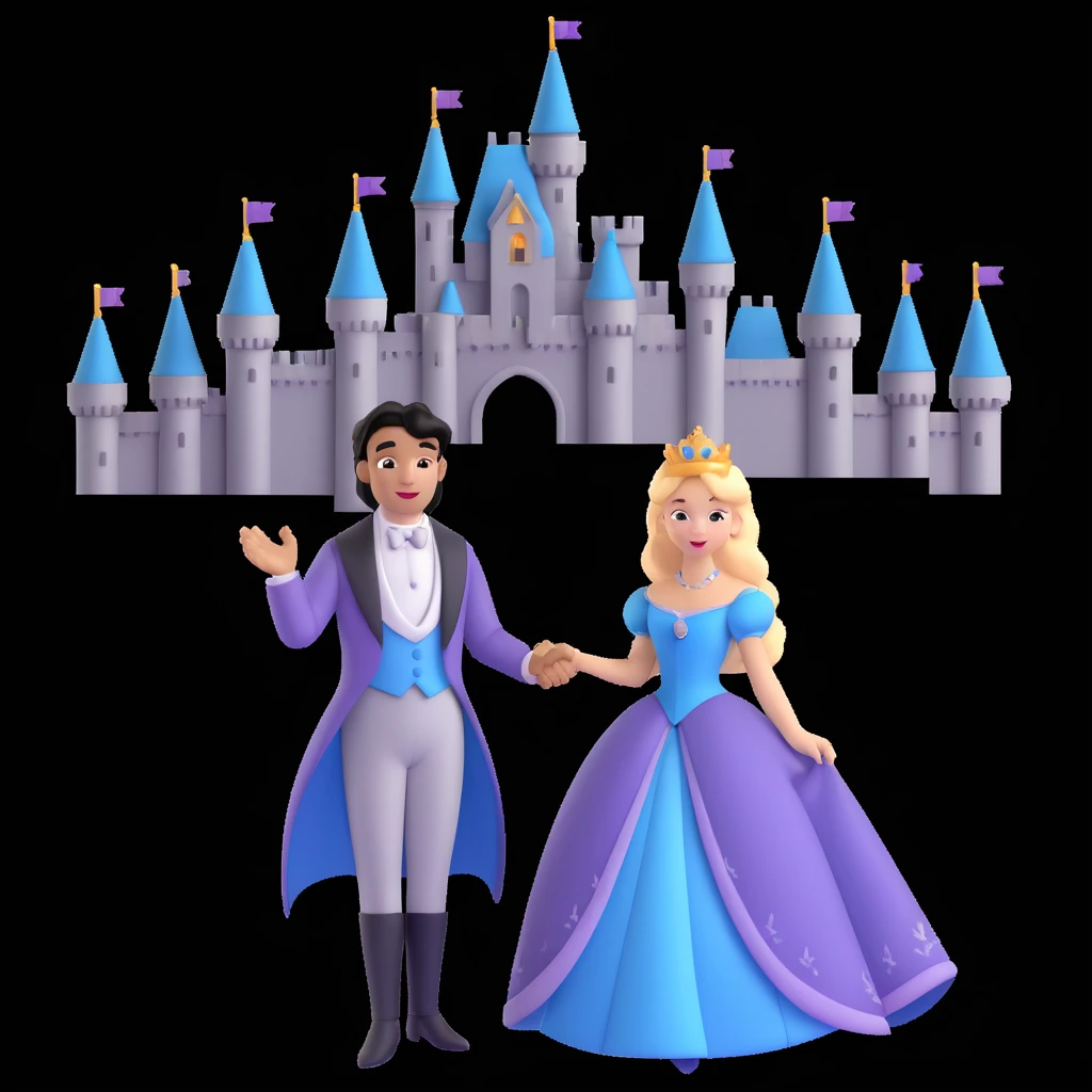 prince and princess Disney dress close up photo in castle background emoji