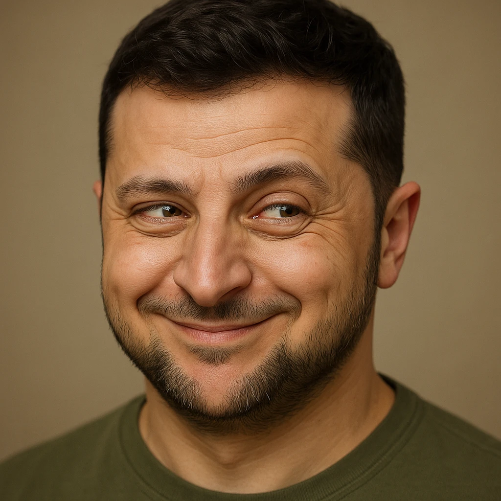Vladimir Zelensky, photorealistic, emoji style, sly smirk, mischievous eyes emoji