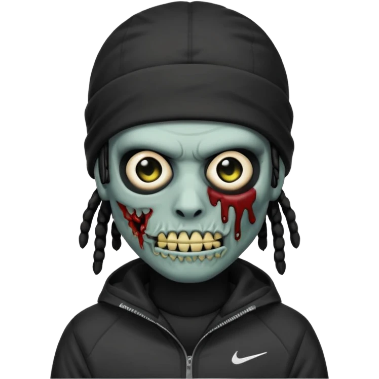a zombie emoji with black dreads and a black nike jacket and black nike ski mask on his head emoji