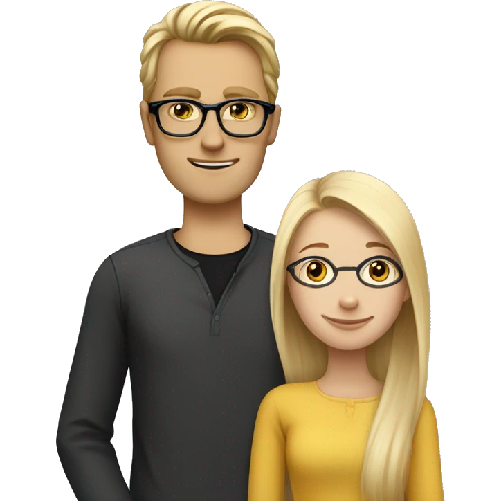 A Swedish girl with blonde long hair in a ponytail who loves an English tall skinny guy with rectangular black glasses, BROWN shoulder length  hair emoji