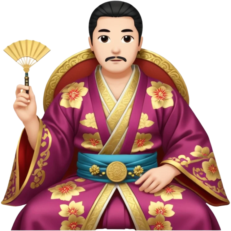 Wealthy warlord in ornate kimono, crest on chest, seated with fan in hand. emoji