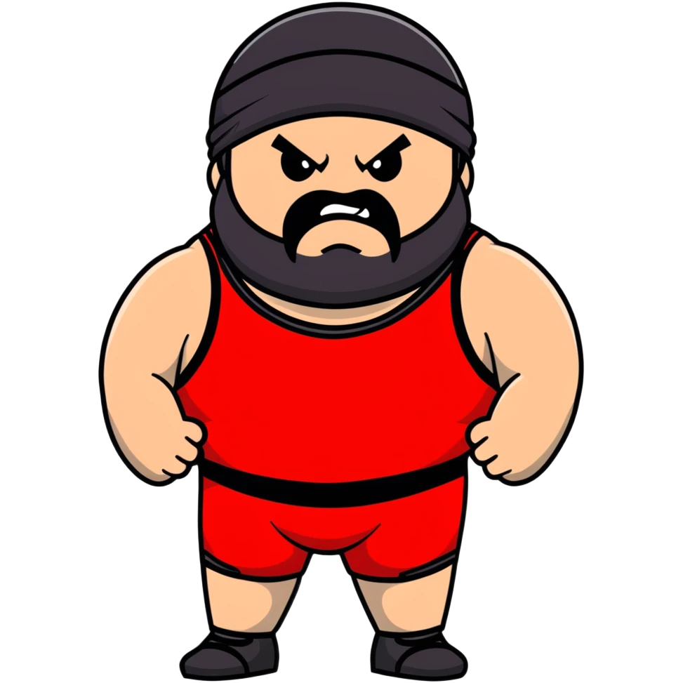 White skin fat guy with black durag, black beard, black eyes in a red and black wrestling singlet with angry face emoji