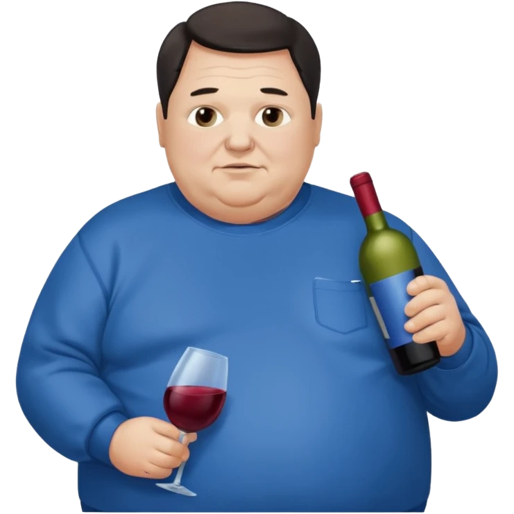 Morbidly obese older man dark hair with blue sweatshirt holding bottle of wine emoji