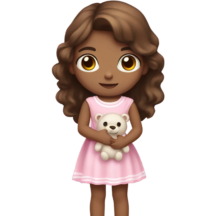 Little Girl with White skin, black eyes.  brown hair with. She is wearing a pink and White dress, standing and holding on to a teddybear. emoji
