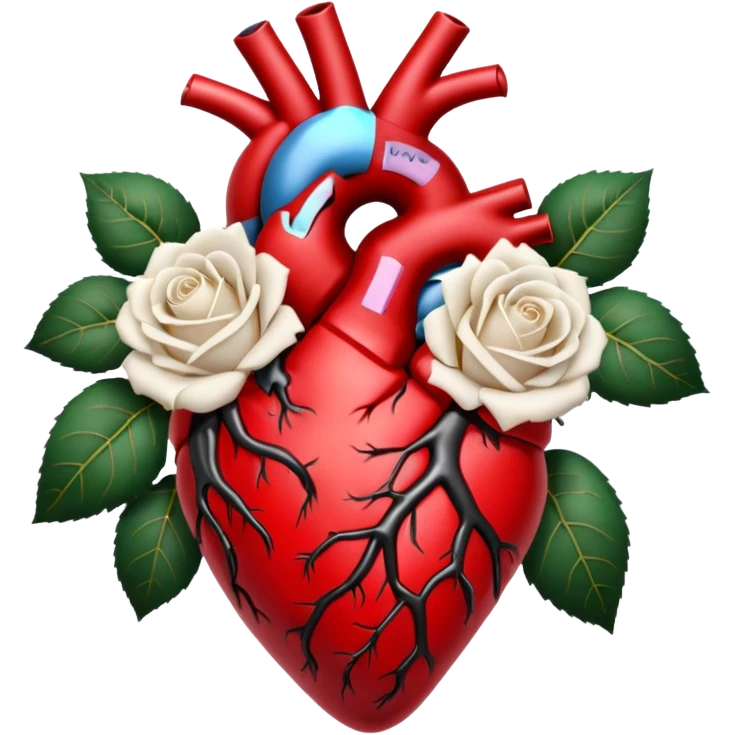 Anatomical heart  black and crimson veins and white roses emoji