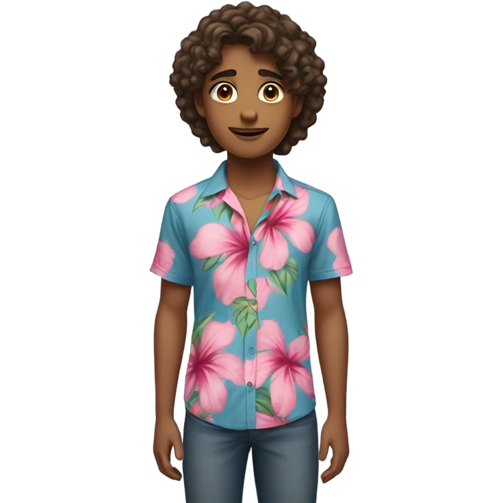 a teenager with wavy hair long eyelashes and a blue and pink hibiscus flower shirt brown eyes standing straight looking at the camera not smiling  emoji