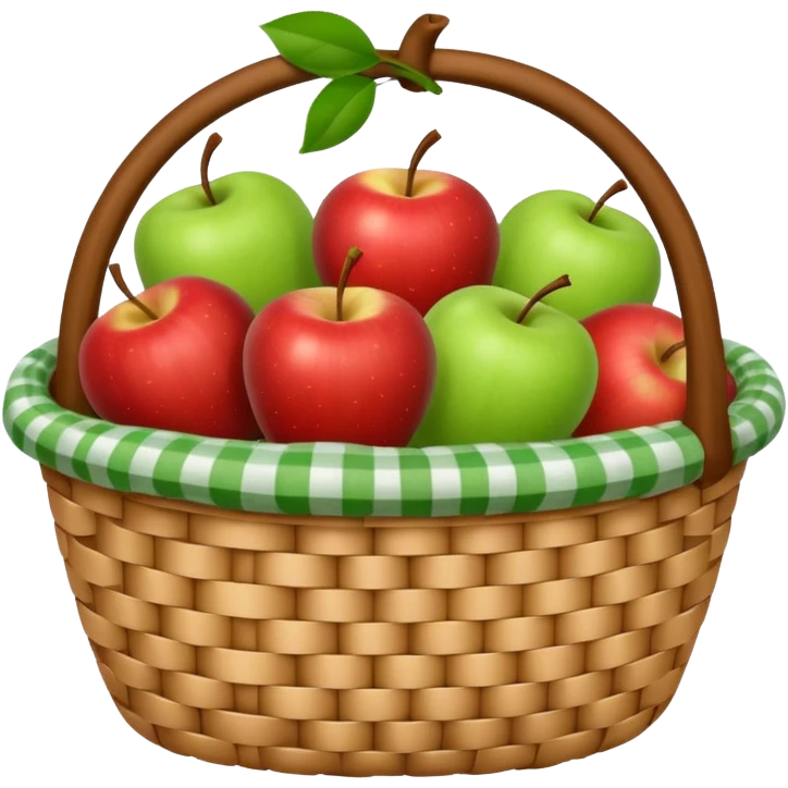 woven basket with apples and white checkered cloth, green emoji