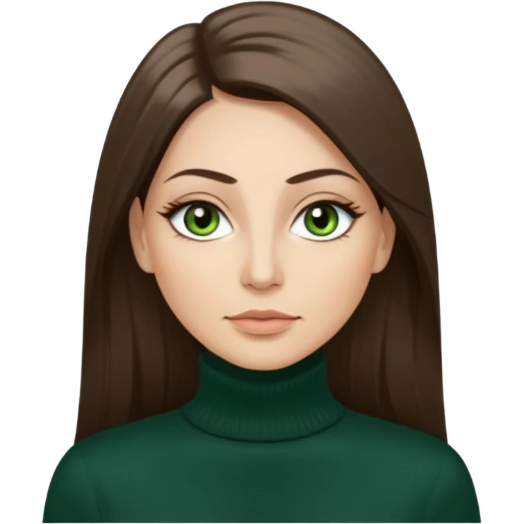 40 year old Adult woman avatar, light skin tone, oval face, long straight ashy brown hair, green almond-shaped eyes with dramatic eyelashes and minimal eyeliner, neutral mouth, medium straight eyebrows, small nose, smooth skin emoji