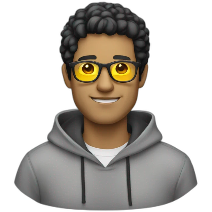White man with yellow tinted glasses and black hair in a gray hoodie emoji