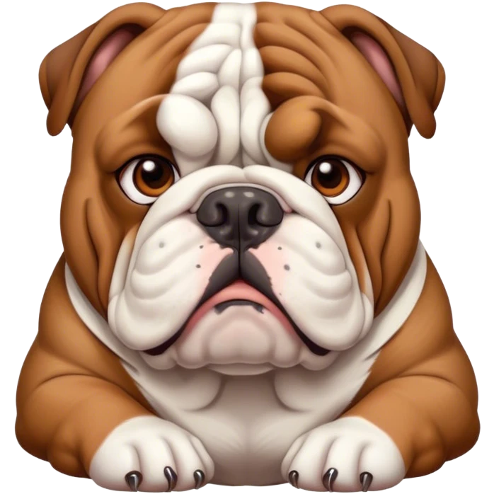 Cinematic Noble Brown and White English Bulldog Portrait Emoji, Poised and regal, with a robust, muscular build and a short, well-groomed coat of rich brown and white, deep-set soulful brown eyes, Simplified yet sharp and sophisticated features, highly detailed, glowing with a soft, dignified glow, high shine, intelligent and steadfast, stylized with an air of authority, focused and attentive, soft glowing outline, capturing the essence of a watchful and confident guardian, so majestic it feels as though it could lumber out of the screen with effortless authority! emoji