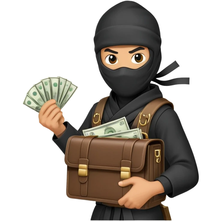 Stealthy ninja holding open money briefcase showing cash inside emoji