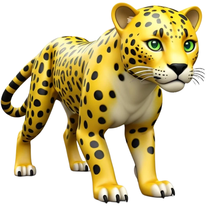cinematic-jaguar-realistic-full-body-standing on all fours-emoji,-sleek-powerful-frame-poised-for-action,-yellow-fur-adorned-with-bold-black-rosettes,-head-tilted-dramatically,-piercing-green-eyes-locked-onto-its-prey,-simplified-yet-realistic-focused-features,-highly-detailed,-glowing-with-an-almost-sarcastic-glow emoji