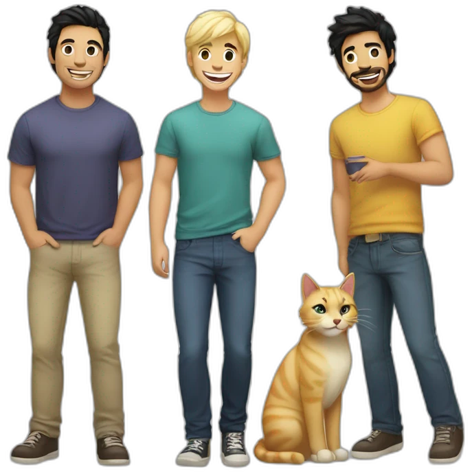 Gay couple, 1 guy Latino black hair and 1 Australian guy blonde hair with a cat laughing full body emoji
