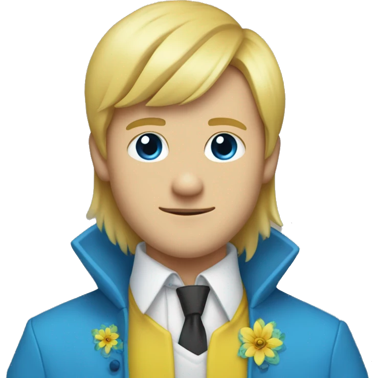 A blonde guy with 2 bangs,left eye blue,right eye yellow,a big white shirt,a yellow coat with a big blue flower shape crystal in the middle of the coat emoji