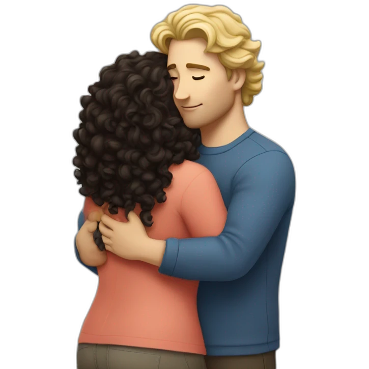 White man with dark curly hair hugging a blonde big woman emoji
