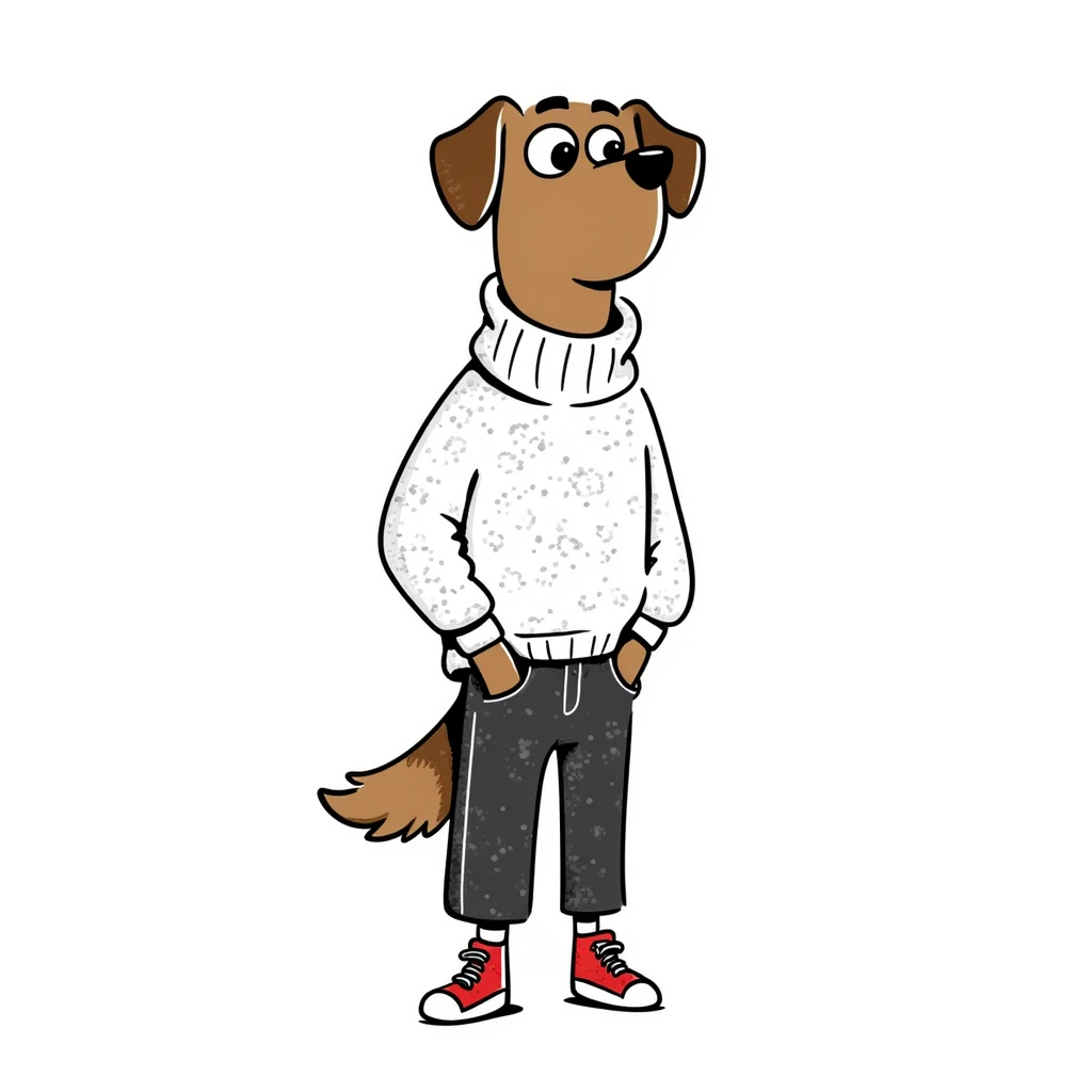 Brown dog standing upright with hands in jean pockets, wearing a white sweater and red shoes emoji