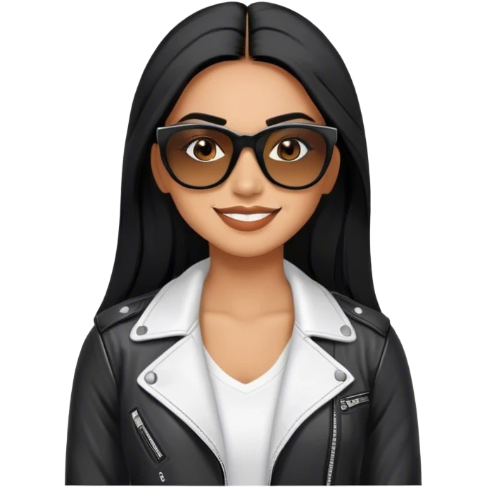 beautiful fit woman, with long straight black hair, with make up, black eye liner, smile mooth close, mexican, brown skin, wearing white tee, wearing leather black jacket, solar black wayfarer on the tip of the nose emoji