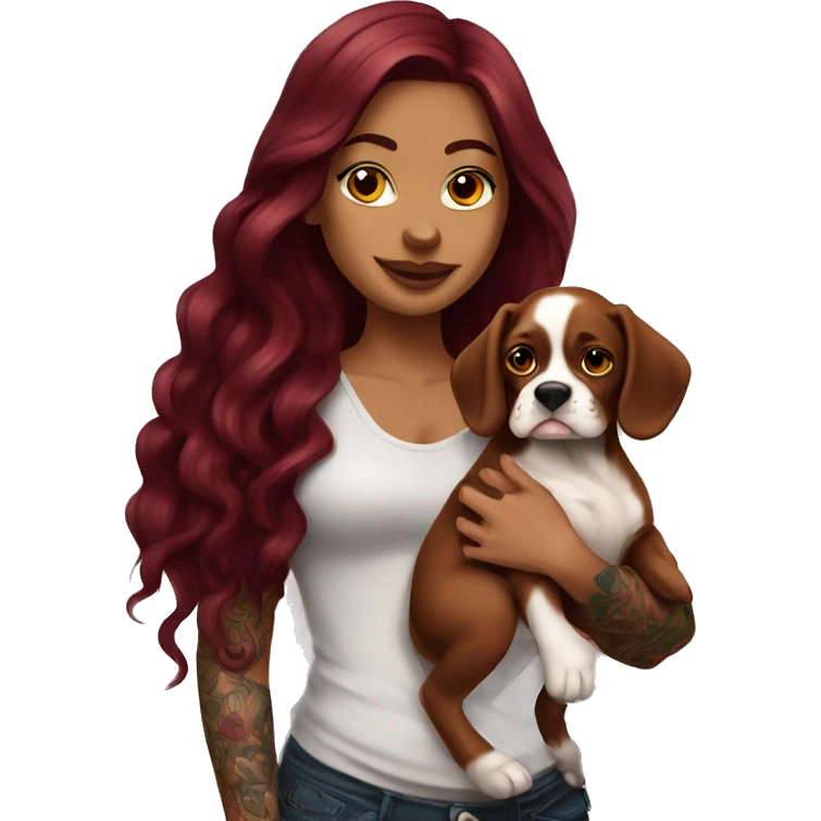 Beautiful tattooed  burgundy long haired woman holding a boxer puppy emoji