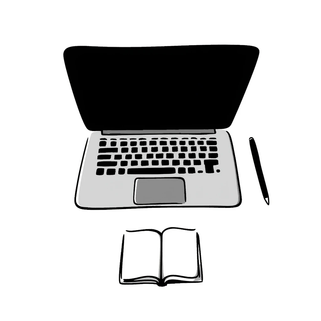 top view of a MacBook and a notebook with a pen nearby emoji