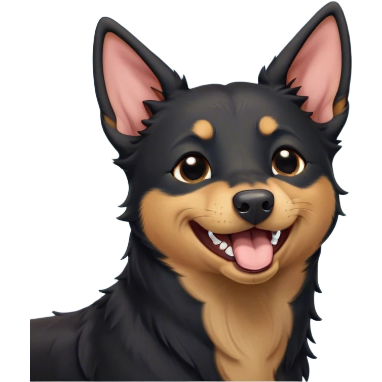 Cinematic Cute Yawning Black and Tan Kelpie Portrait Emoji, Head tilted slightly with a dramatic, wide-open yawn, showcasing a smooth black Fur with distinct tan accents, floppy ears slightly drooping, round dark eyes barely open in drowsy contentment, Simplified yet irresistibly adorable features, highly detailed, glowing with a soft, cozy glow, high shine, relaxed yet expressive, stylized with a touch of whimsy, bright and endearing, soft glowing outline, capturing the essence of a sleepy yet affectionate herder, so drowsy it feels like it could stretch out of the screen and curl up for a nap! emoji