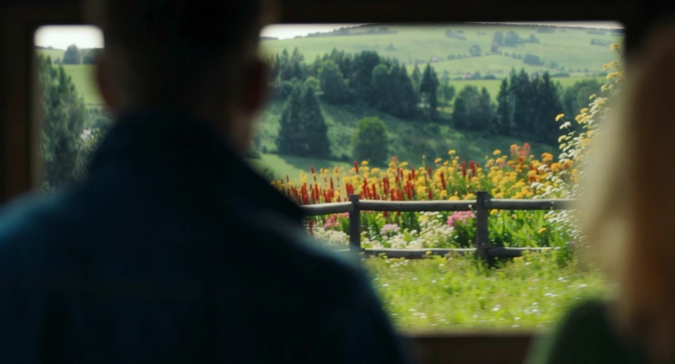 "Two shot" of a person in the foreground, blurred plants in the foreground (frame within a frame), a wooden fence and colorfull flowers in the midground, Poland, rolling hills in the background, cinematic depth of field, layered composition, natural lighting emoji