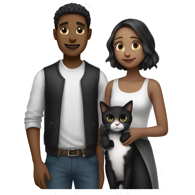 A guy and a girl with fair skin are standing next to each other and holding a black and white cat in their arms emoji