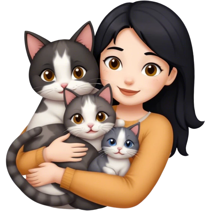 happy girl with black hair hugging three cats  (tricolour cat, gray cat, brown calico cat) emoji