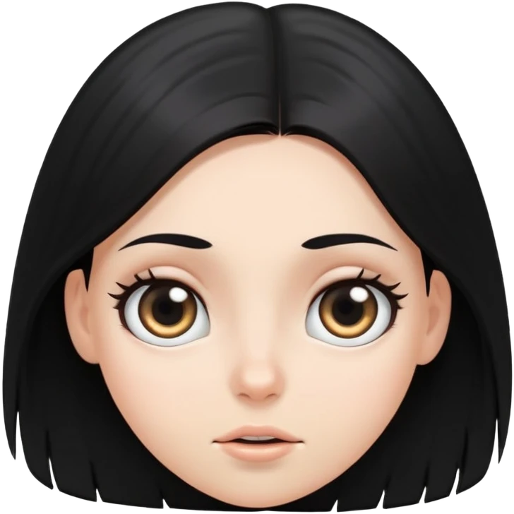 White girl face closeup with huge round eyes, long straight black hair falling in front of her bare shoulders, face closeup emoji