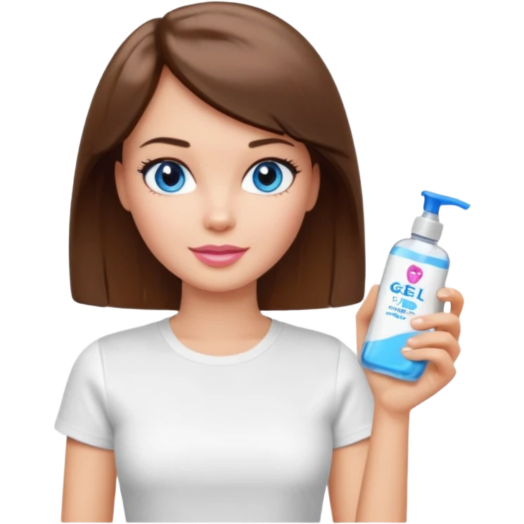 Barbie girl with makeup, blue eyes , and bob long haircut, short brown hair in white T-shirt, face gel in hand emoji