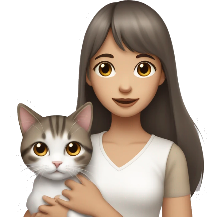 A girl with long straight brown hair and bangs, brown eyes, holding a gray and white calico cat and a tabby cat in each hand emoji