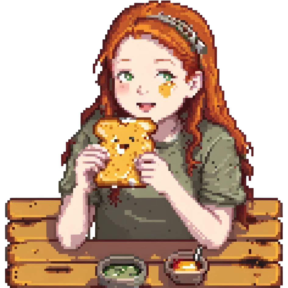a redhead eating a grilled cheese, pixel art style emoji