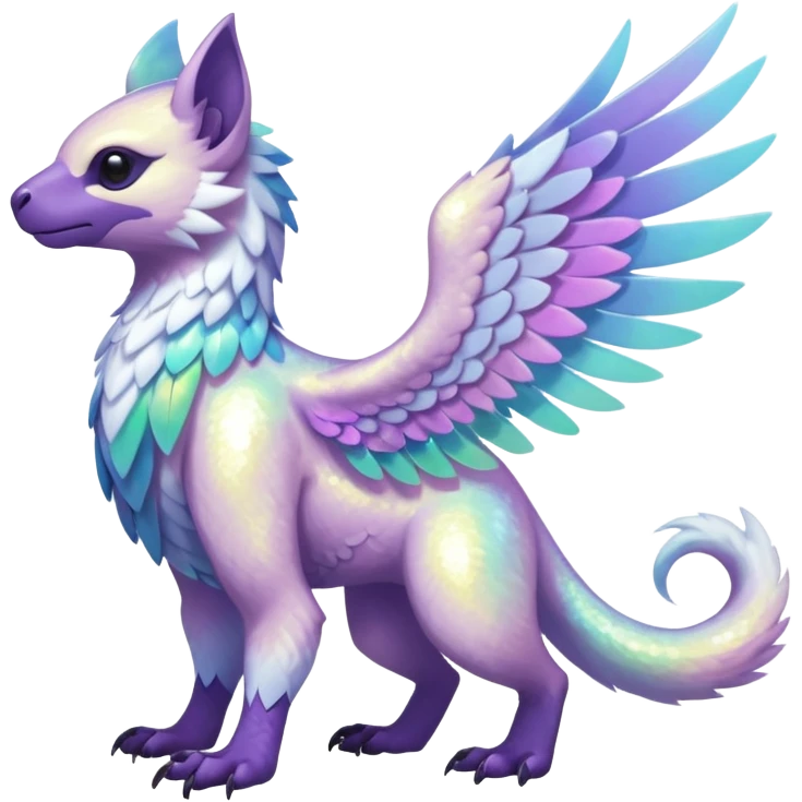 Colorful iridescent whitish pastelish luminescent angelic divine shiny sparkly glittery Gryphon-Trico-Sergal-Furret-Ferret-Wolverine-Vernid-fusion-Fakemon-animal-hybrid-creature, full body emoji