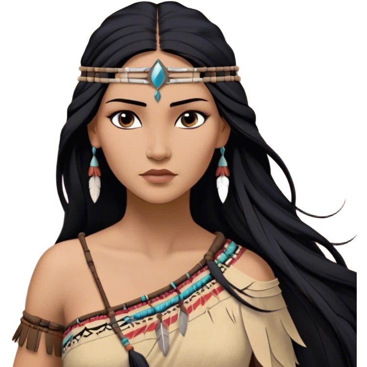Cinematic Realistic Pocahontas Portrait, depicted with lifelike skin texture, soft natural lighting, and intricately detailed long, flowing raven-black hair that moves gracefully in the wind. Her deep, soulful dark brown eyes exude wisdom and strength, complemented by a serene yet powerful expression. She is dressed in her classic one-shoulder native american dress, with rich fabric textures and delicate beaded details that catch the light beautifully. The portrait features a soft, sun-kissed glow with a natural, radiant finish, capturing the essence of untamed beauty and deep connection to nature in a realistic and painterly style, evoking a sense of depth and authenticity. emoji