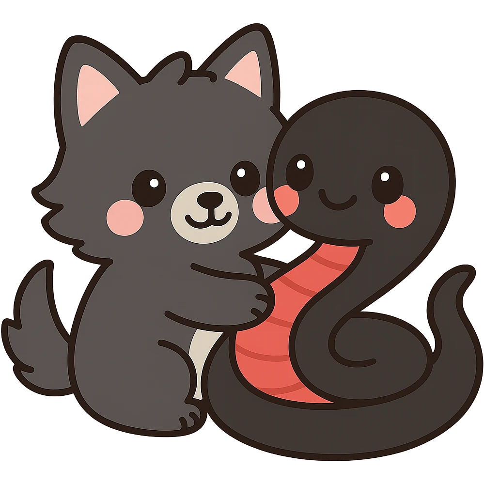 Make the snake larger, with a black body and red underbelly. The snake should be hugging the wolf back. Keep the kawaii style and ensure the background remains transparent. emoji