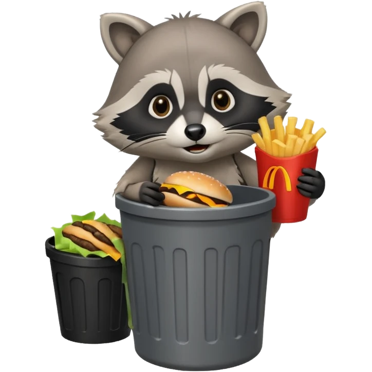 A cute raccoon eating McDonald's over a trash can emoji